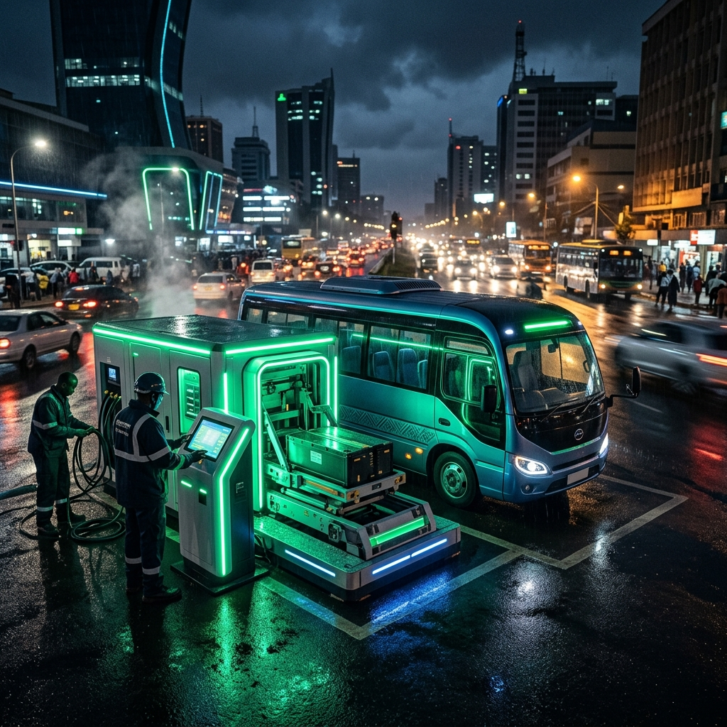 Futuristic battery swapping station at an urban Central African transit hub with green indicator lights