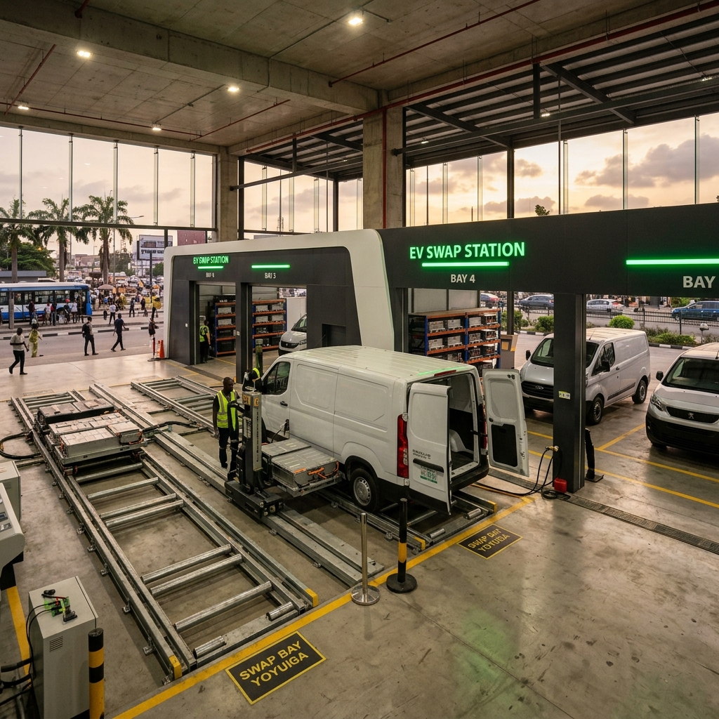 Realistic battery-swapping station for commercial electric vehicles at an urban Central African transit hub, with automated swap bays and green LED indicators