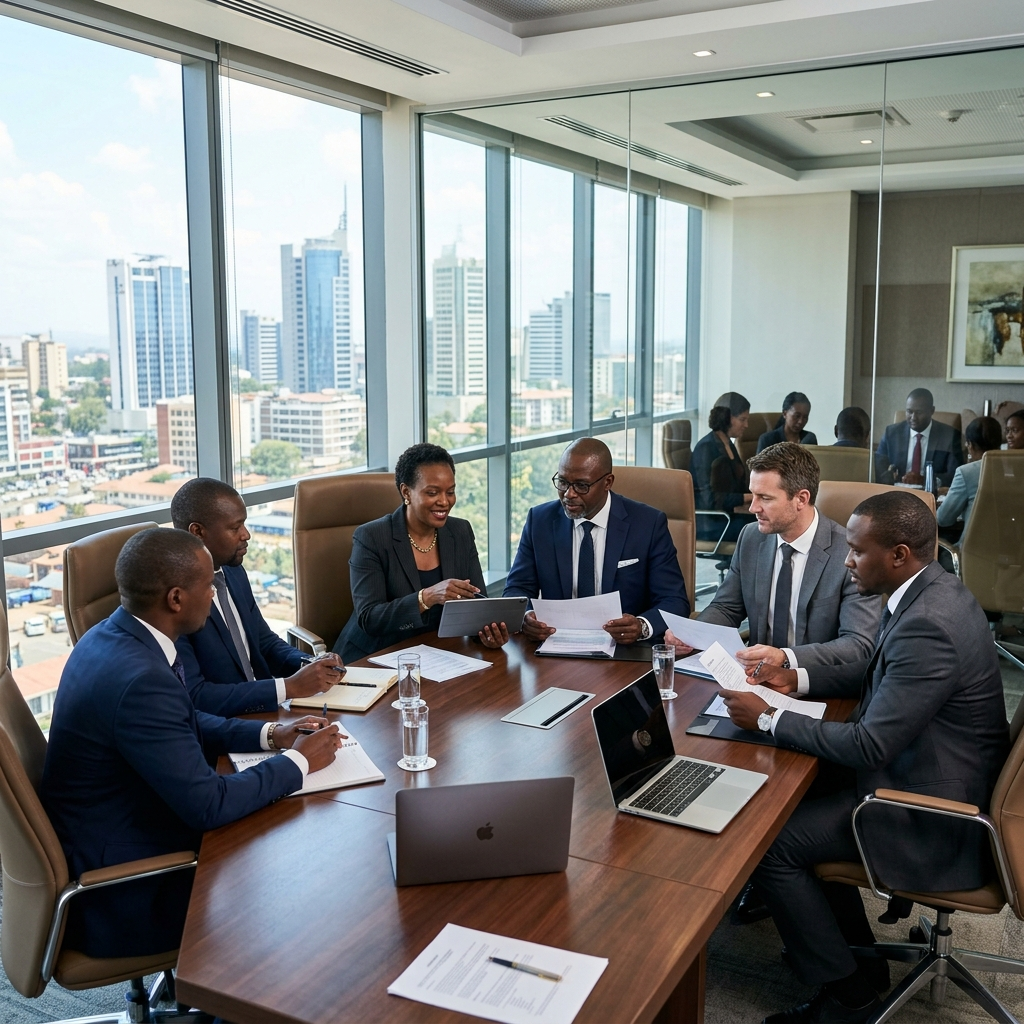 African and international business executives in a bright boardroom reviewing EMOSAF e-mobility partnership proposals