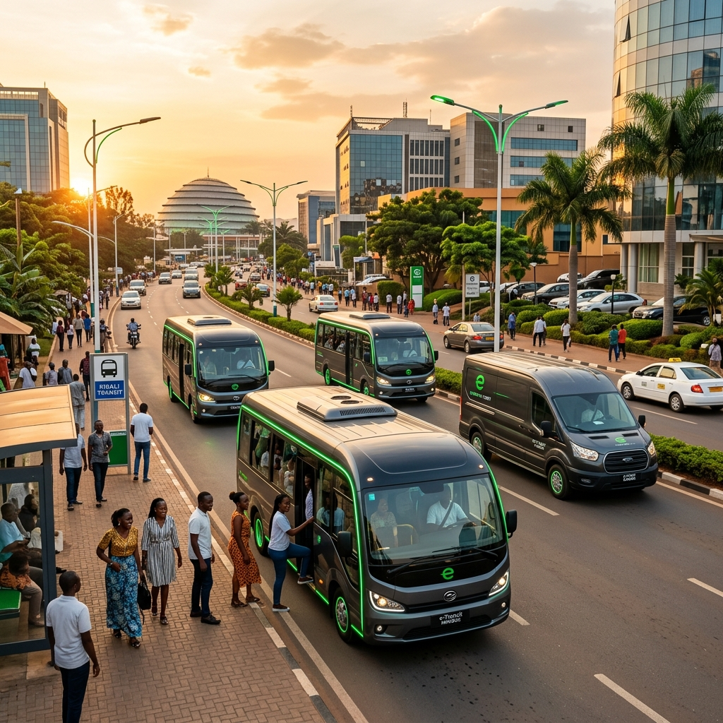 Fleet of EMOSAF electric buses and cargo vans operating in a modern Central African city at golden hour