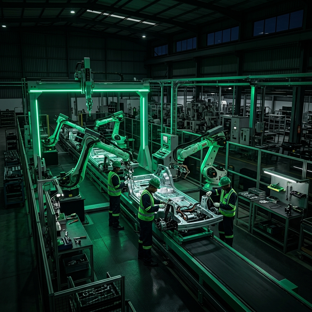 EMOSAF SKD electric vehicle assembly facility interior, Kribi Port Industrial Zone, Cameroon