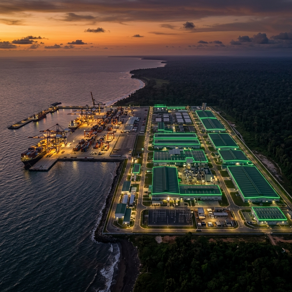 Aerial view of Kribi deep-water port and adjacent industrial zone at twilight, Cameroon — EMOSAF's primary assembly site