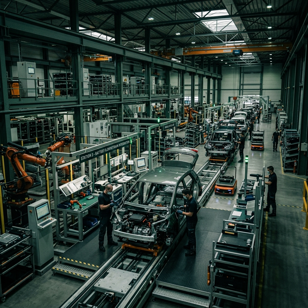Inside EMOSAF's flexible SKD electric vehicle assembly line at Kribi Port Industrial Zone, Cameroon