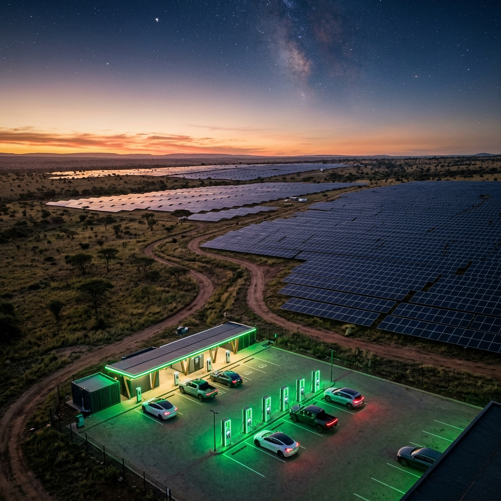Aerial view of off-grid solar panel arrays powering EMOSAF electric vehicle charging stations across Central African landscape at dusk
